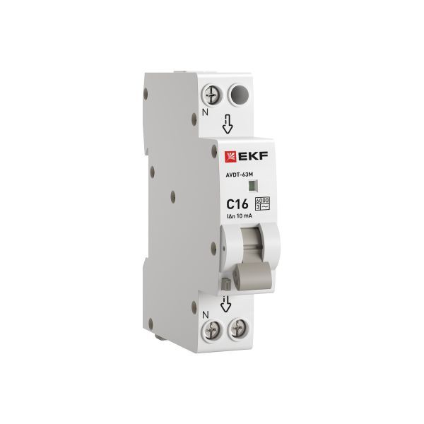 Автоматический выключатель дифференциального тока АВДТ-63М 1P+N 18мм 16А характеристика С 10мА тип AС электронный 6кА PROXIMA EKF