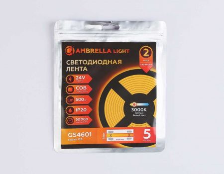Светодиодная лента Ambrella Light GS4601 COB 384Led/ 7W m/ 24V IP20 3000K/ 5m*3mm*2mm (2 конт.) GS4601