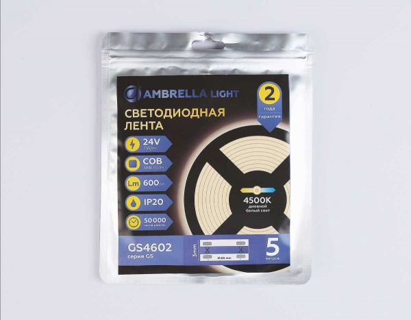 Светодиодная лента Ambrella Light GS4602 COB 384Led/ 7W m/ 24V IP20 4500K/ 5m*3mm*2mm (2 конт.) GS4602